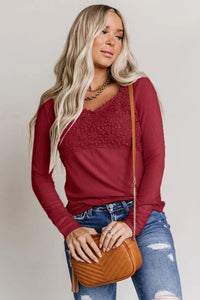 Thumbnail for Beige Lace Crochet V Neck Long Sleeve Top-47