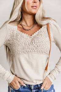 Thumbnail for Beige Lace Crochet V Neck Long Sleeve Top-3