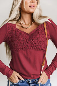 Thumbnail for Beige Lace Crochet V Neck Long Sleeve Top-50