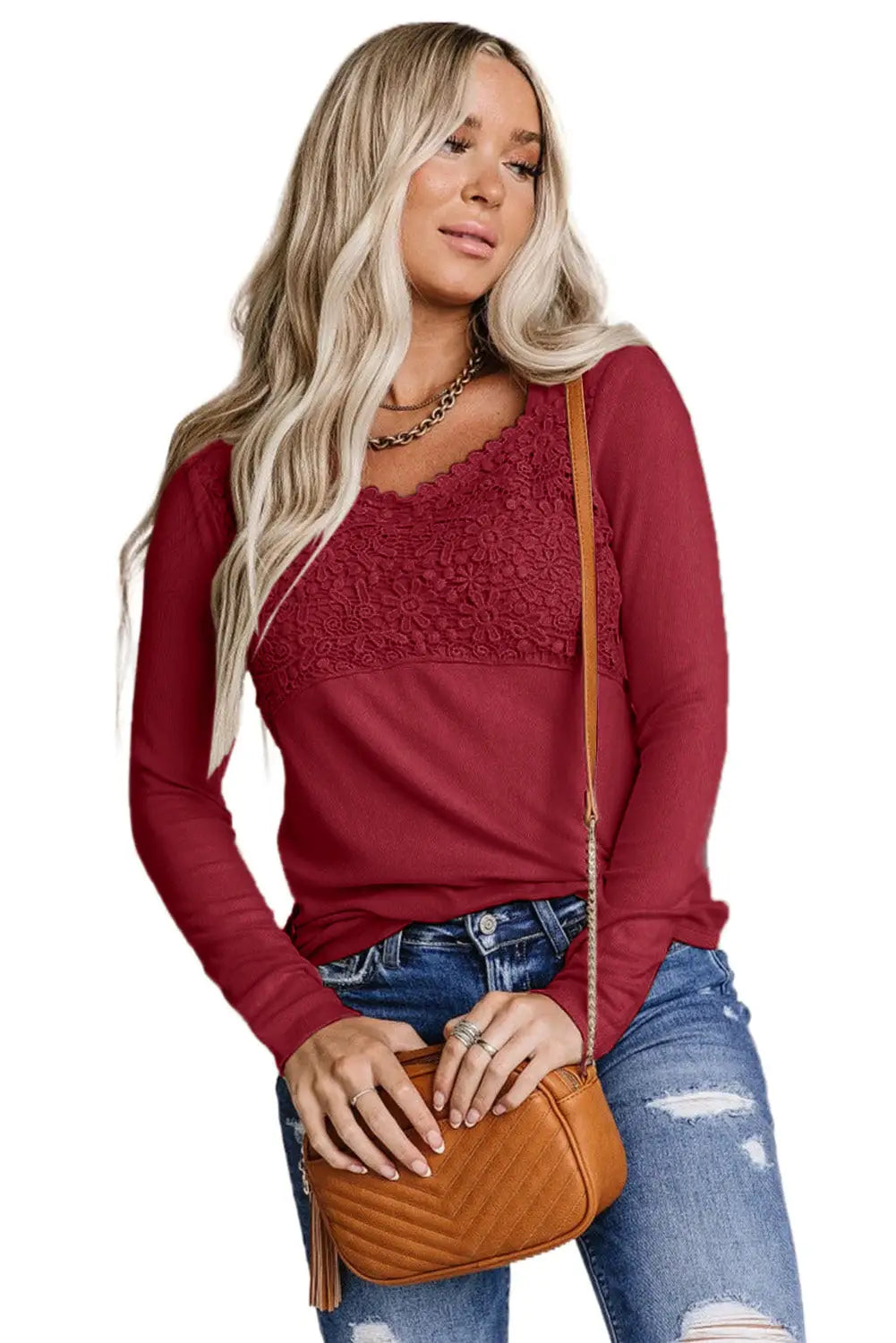 Beige Lace Crochet V Neck Long Sleeve Top-59