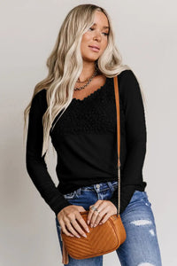 Thumbnail for Beige Lace Crochet V Neck Long Sleeve Top-33