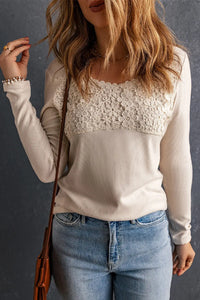 Thumbnail for Beige Lace Crochet V Neck Long Sleeve Top-4