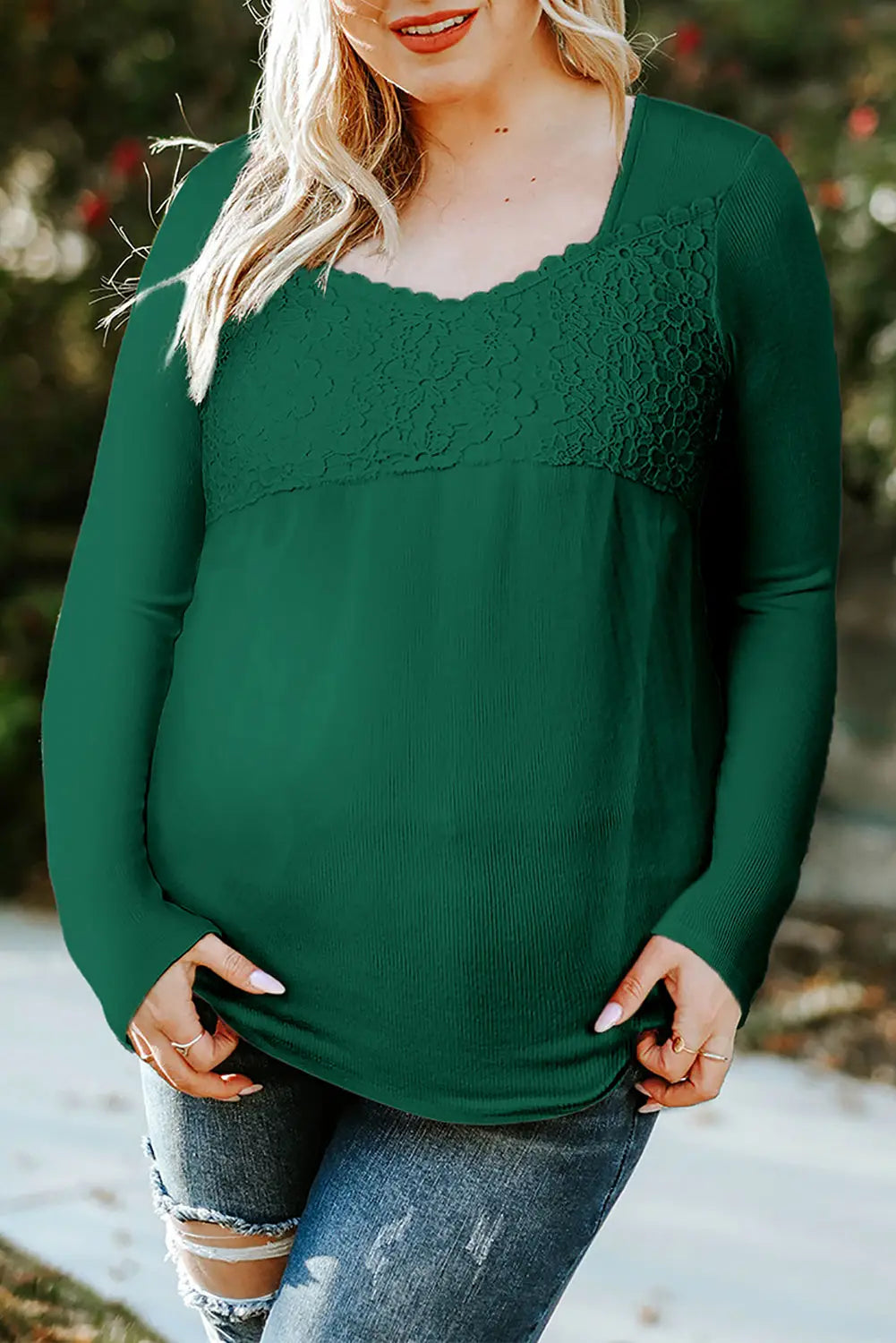 Beige Lace Crochet V Neck Long Sleeve Top-19