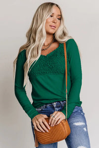 Thumbnail for Beige Lace Crochet V Neck Long Sleeve Top-16