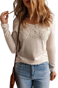 Thumbnail for Beige Lace Crochet V Neck Long Sleeve Top-8