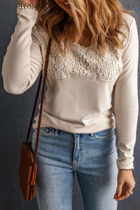 Thumbnail for Beige Lace Crochet V Neck Long Sleeve Top-7