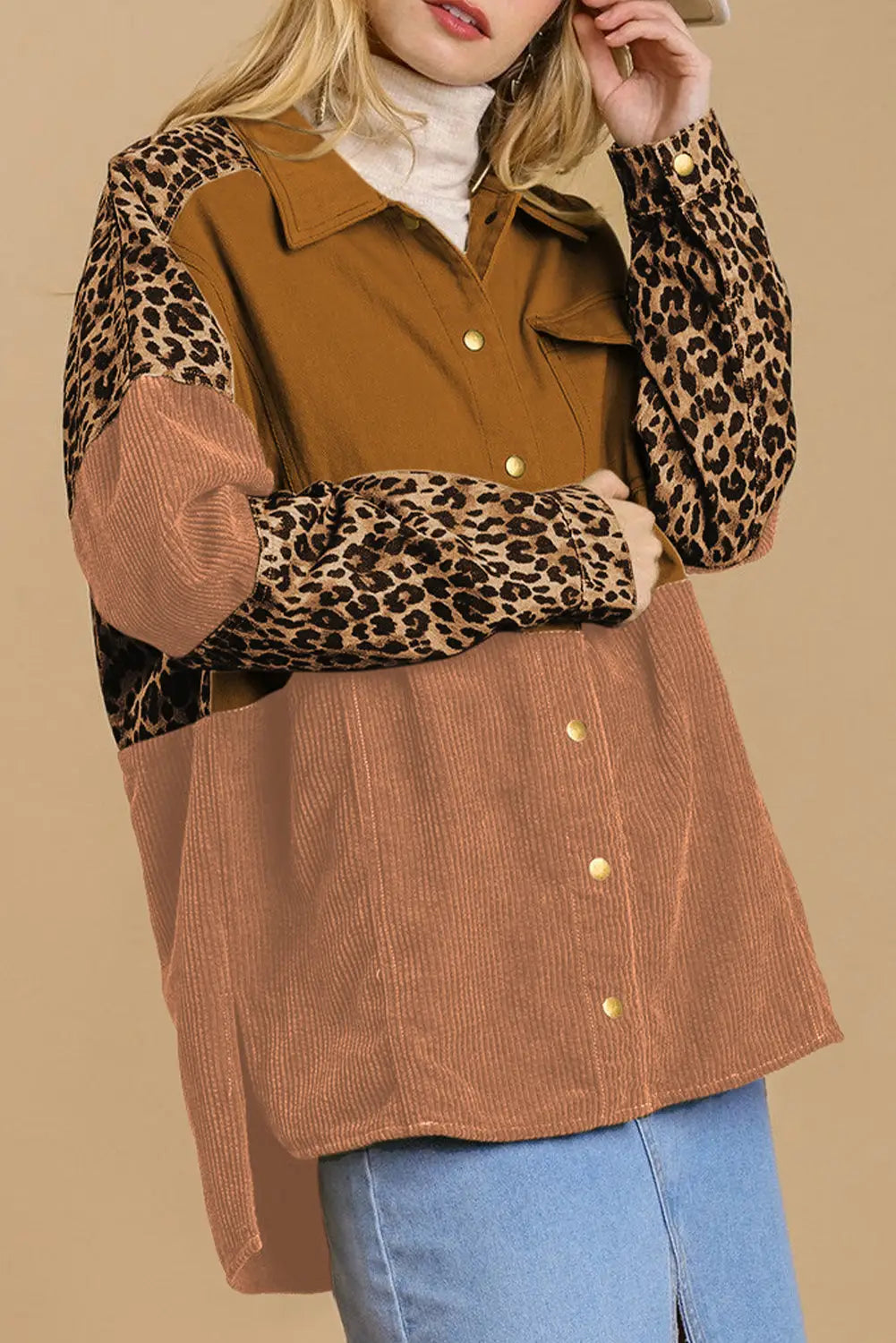 Beige Leopard Patchwork High Low Shirt Jacket-4