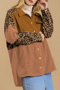 Thumbnail for Beige Leopard Patchwork High Low Shirt Jacket-4