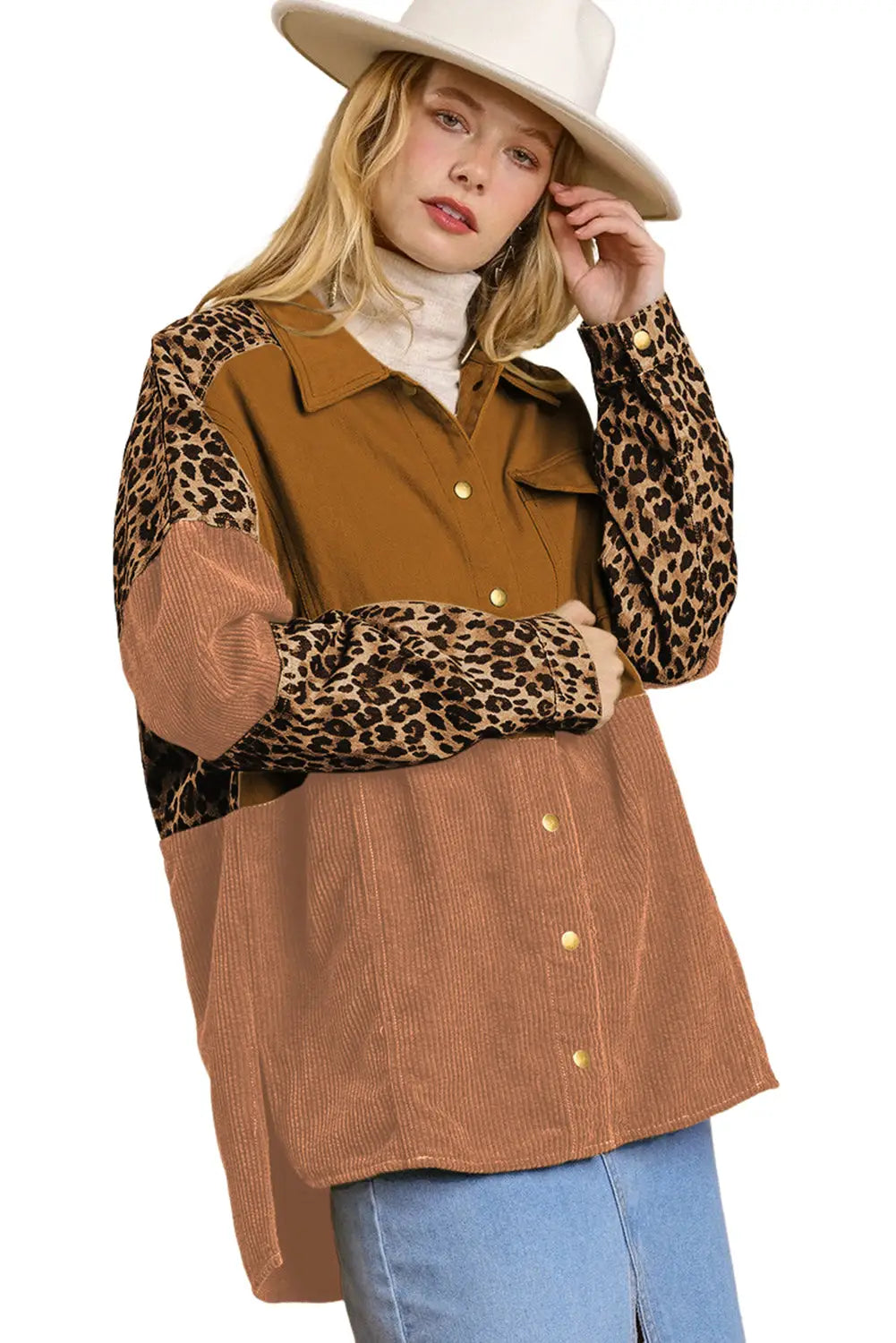 Beige Leopard Patchwork High Low Shirt Jacket-7