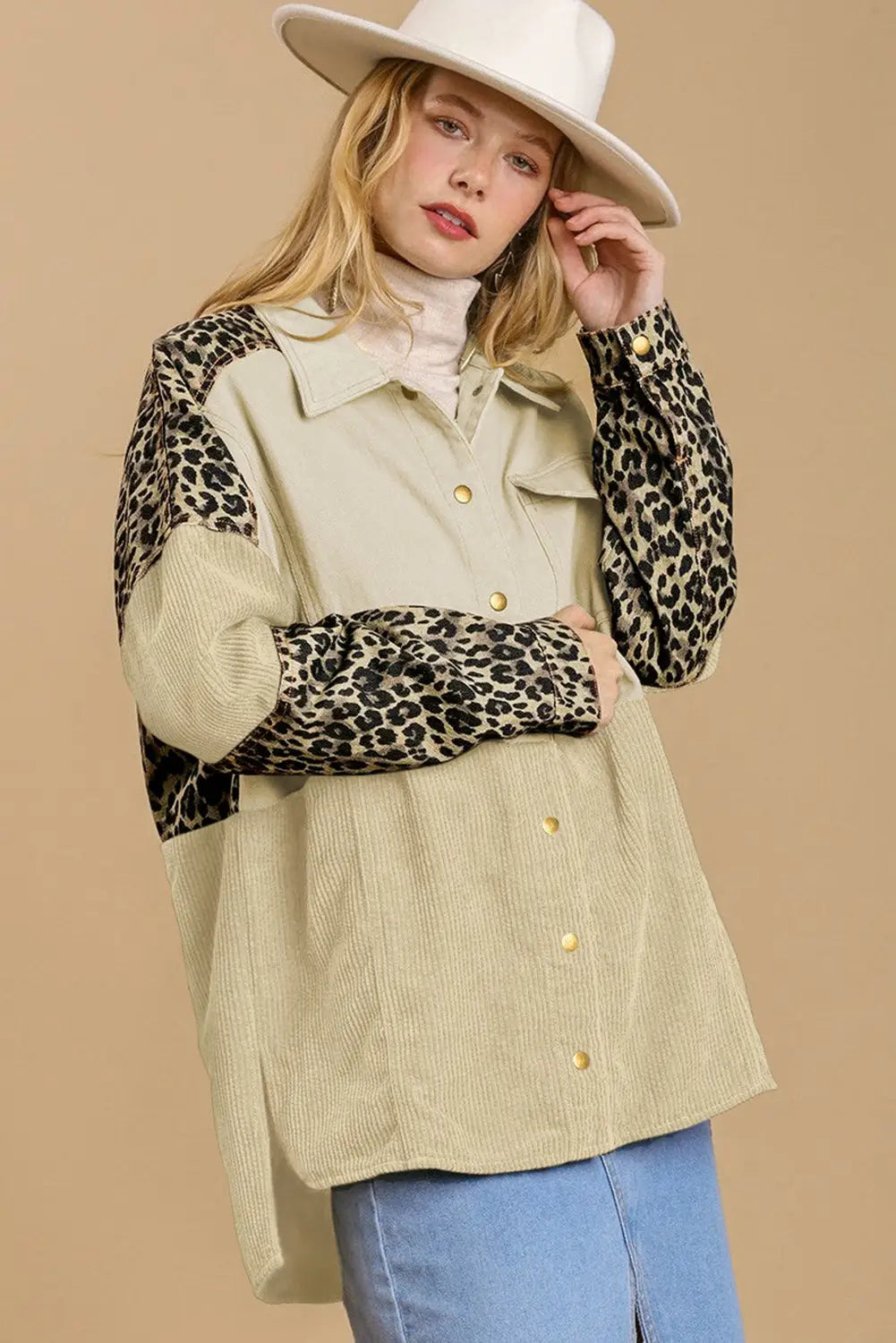 Beige Leopard Patchwork High Low Shirt Jacket-2