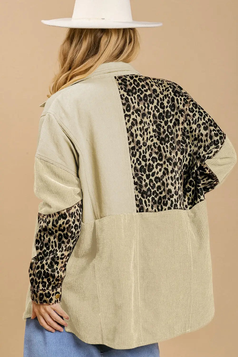 Beige Leopard Patchwork High Low Shirt Jacket-1