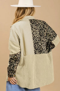 Thumbnail for Beige Leopard Patchwork High Low Shirt Jacket-1