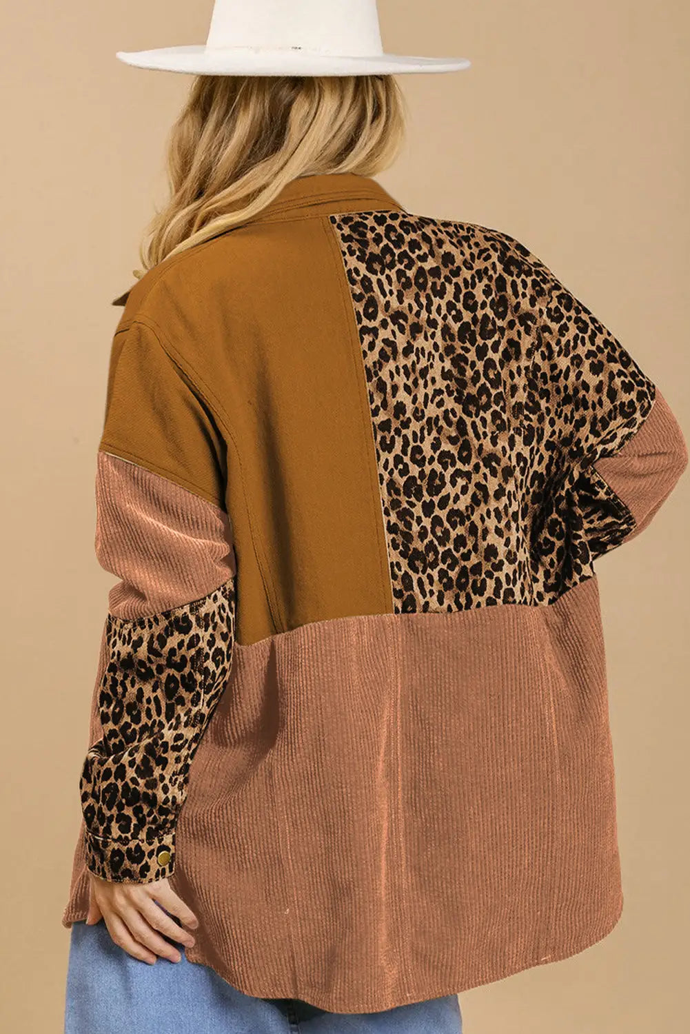 Beige Leopard Patchwork High Low Shirt Jacket-5