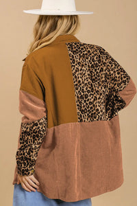 Thumbnail for Beige Leopard Patchwork High Low Shirt Jacket-5