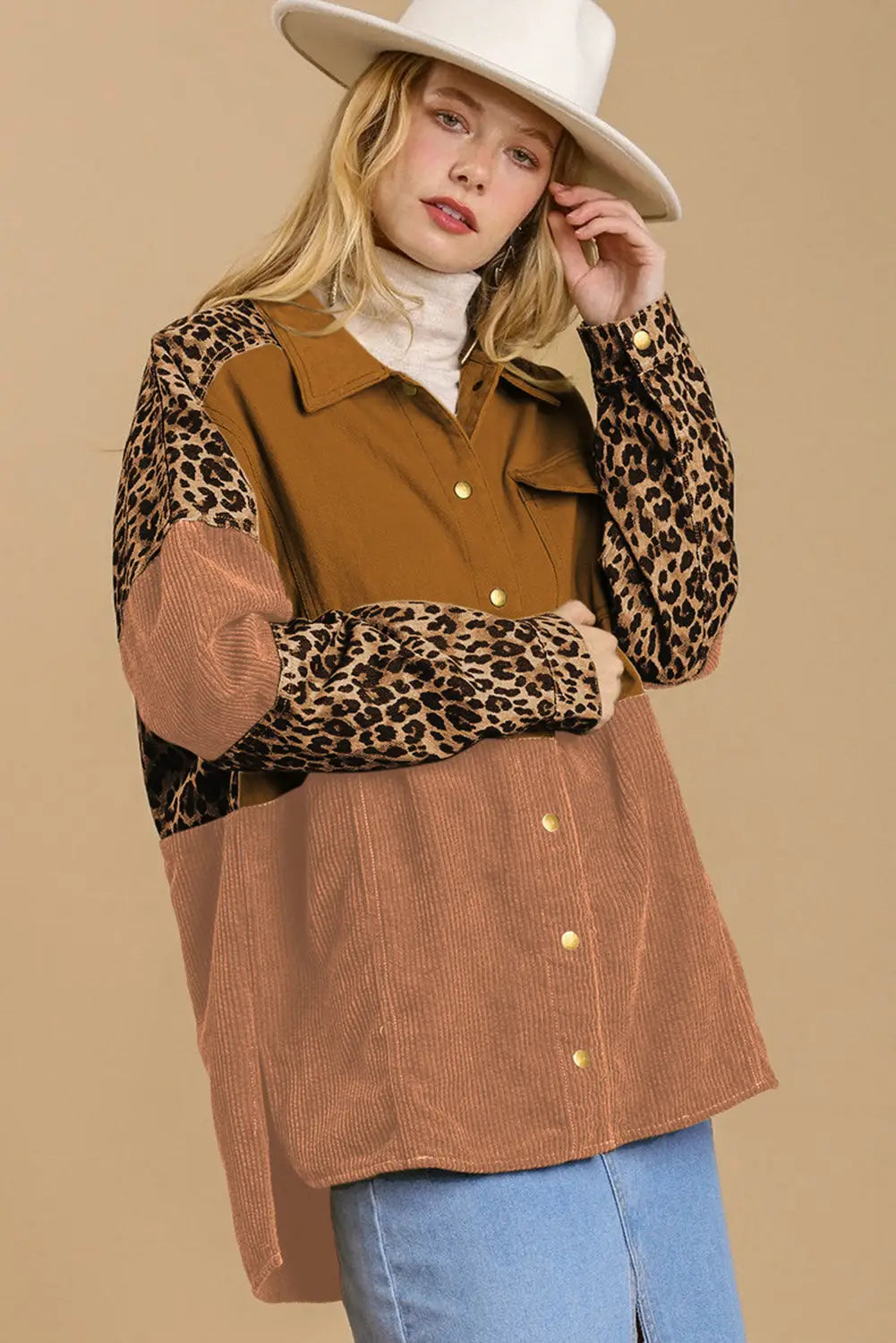 Beige Leopard Patchwork High Low Shirt Jacket-6