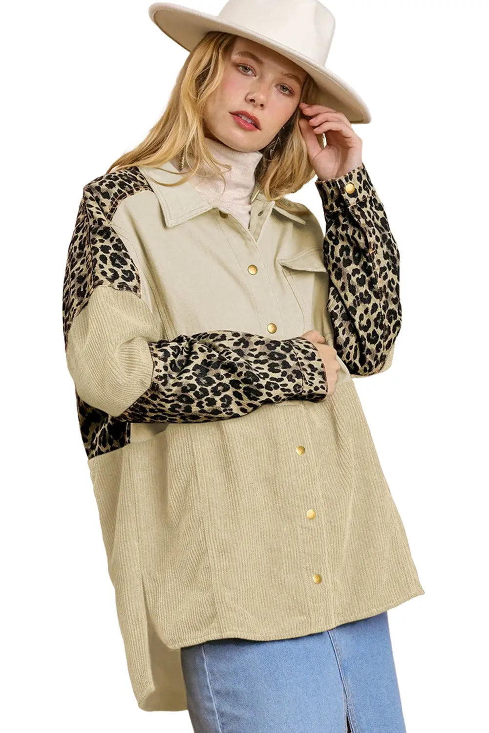 Beige Leopard Patchwork High Low Shirt Jacket-3