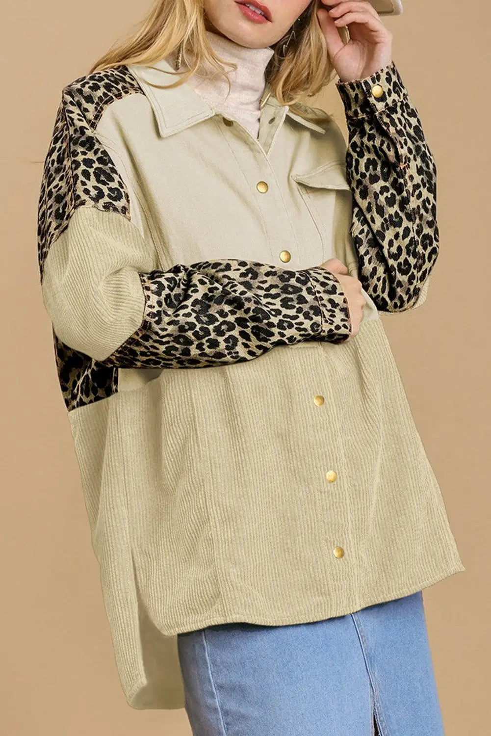 Beige Leopard Patchwork High Low Shirt Jacket-0