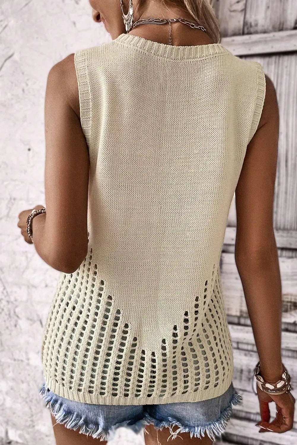 Beige Pointelle Detail Solid Color Knit Sweater Vest-1