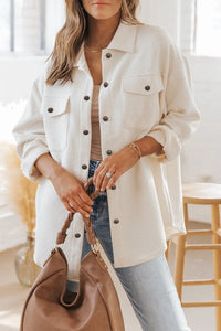 Thumbnail for Beige Solid Textured Flap Pocket Buttoned Shacket-0