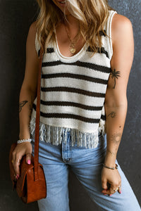 Thumbnail for Beige Stripe Loose Knit Fringe Tank Top-0