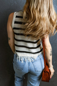 Thumbnail for Beige Stripe Loose Knit Fringe Tank Top-1