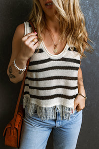 Thumbnail for Beige Stripe Loose Knit Fringe Tank Top-2