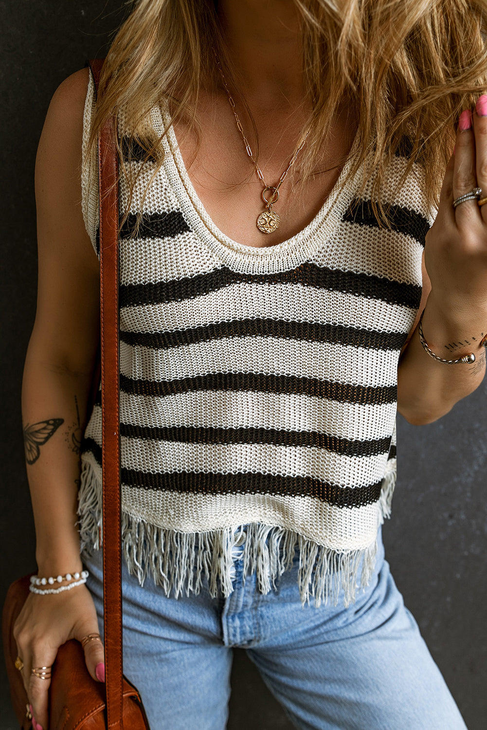 Beige Stripe Loose Knit Fringe Tank Top-3