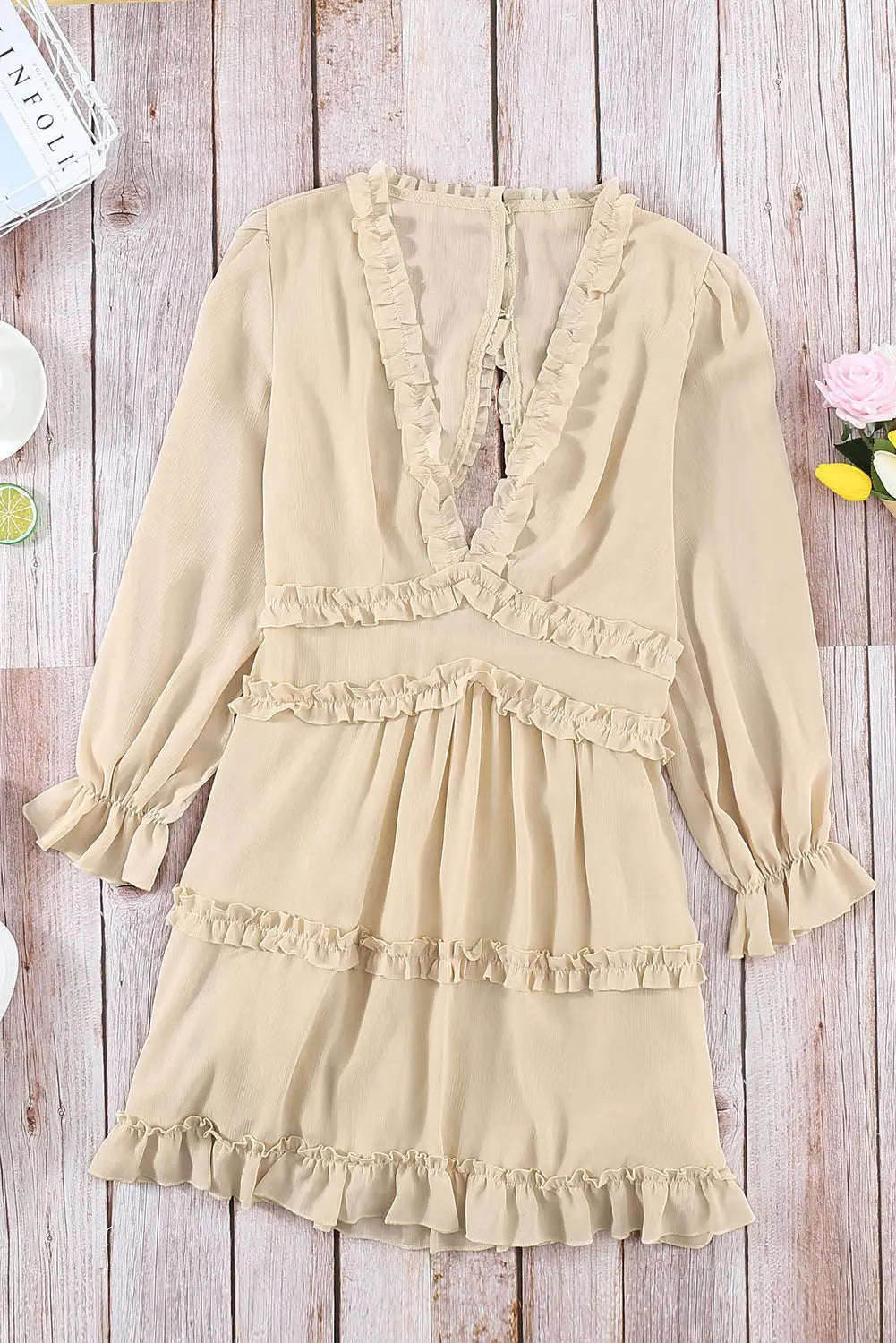 Beige V Neck Ruffle Detailing Open Back Dress-7