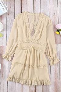 Thumbnail for Beige V Neck Ruffle Detailing Open Back Dress-7