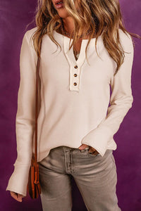 Thumbnail for Beige Waffle Knit Textured Henley Top-0