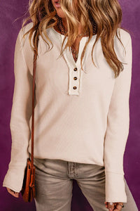 Thumbnail for Beige Waffle Knit Textured Henley Top-3