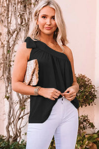 Thumbnail for Black Asymmetric Tie On Shoulder Sleeveless Top-2