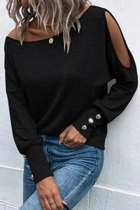 Thumbnail for Black Asymmetrical Cut Out Buttoned Long Sleeve Top-0