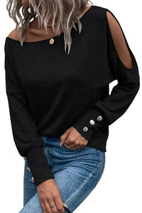 Thumbnail for Black Asymmetrical Cut Out Buttoned Long Sleeve Top-3