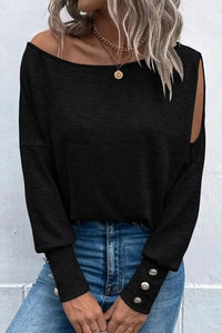 Thumbnail for Black Asymmetrical Cut Out Buttoned Long Sleeve Top-2