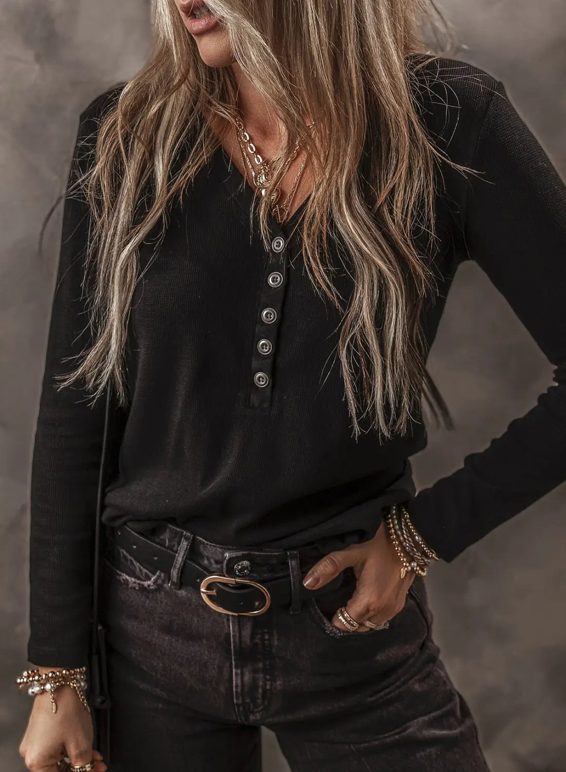 Black Buttoned V Neck Long Sleeve Ribbed Top-3