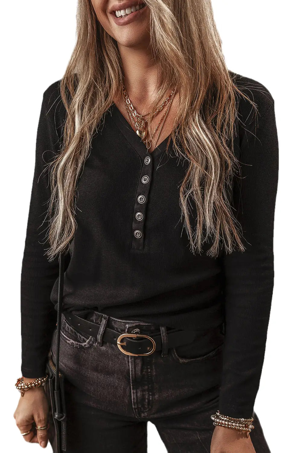 Black Buttoned V Neck Long Sleeve Ribbed Top-5