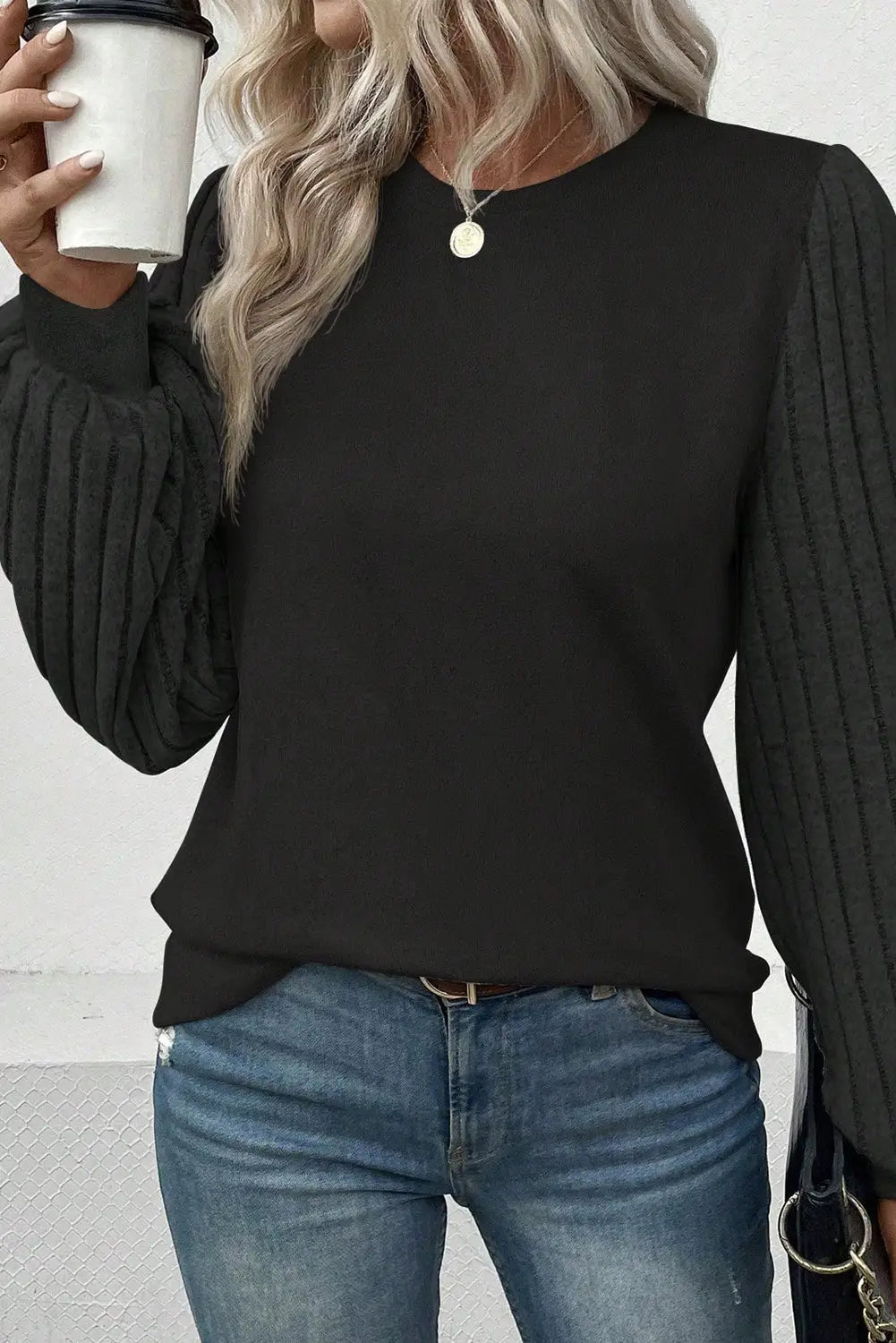 Black Buttoned V Neck Ribbed Puff Sleeve Top-19