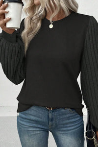 Thumbnail for Black Buttoned V Neck Ribbed Puff Sleeve Top-19