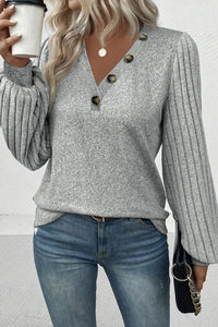 Thumbnail for Black Buttoned V Neck Ribbed Puff Sleeve Top-41