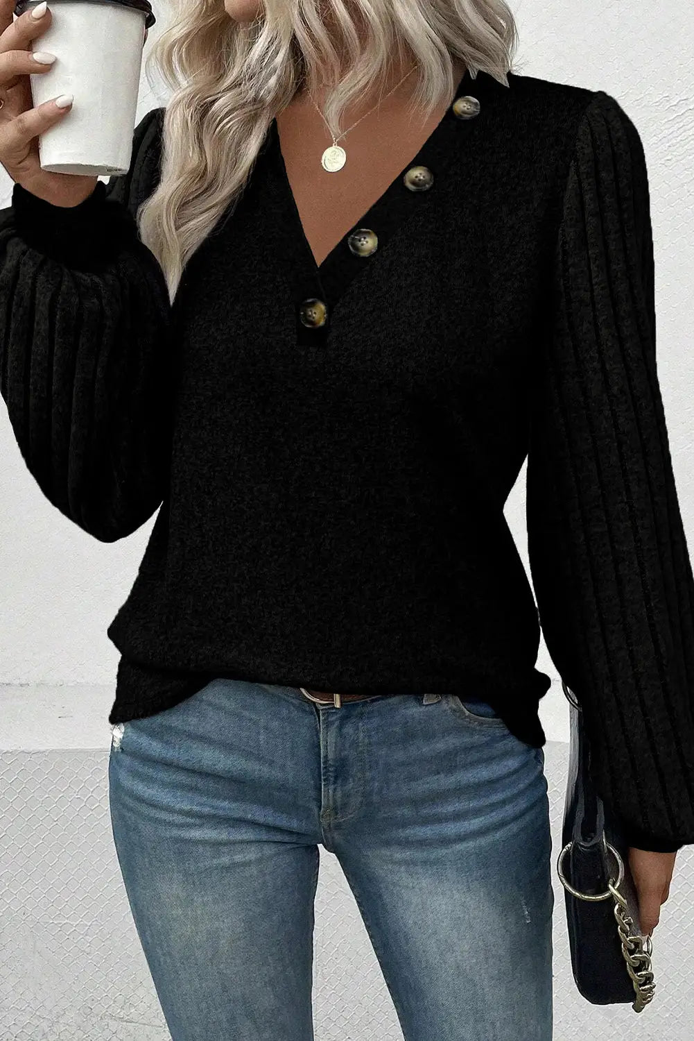 Black Buttoned V Neck Ribbed Puff Sleeve Top-0