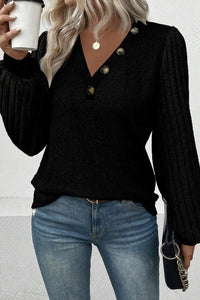 Thumbnail for Black Buttoned V Neck Ribbed Puff Sleeve Top-0