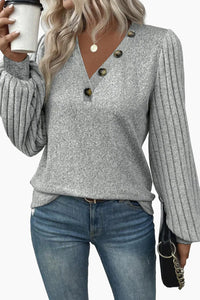 Thumbnail for Black Buttoned V Neck Ribbed Puff Sleeve Top-46