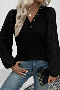 Thumbnail for Black Buttoned V Neck Ribbed Puff Sleeve Top-2