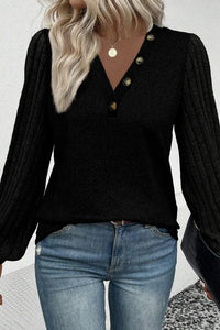 Thumbnail for Black Buttoned V Neck Ribbed Puff Sleeve Top-4