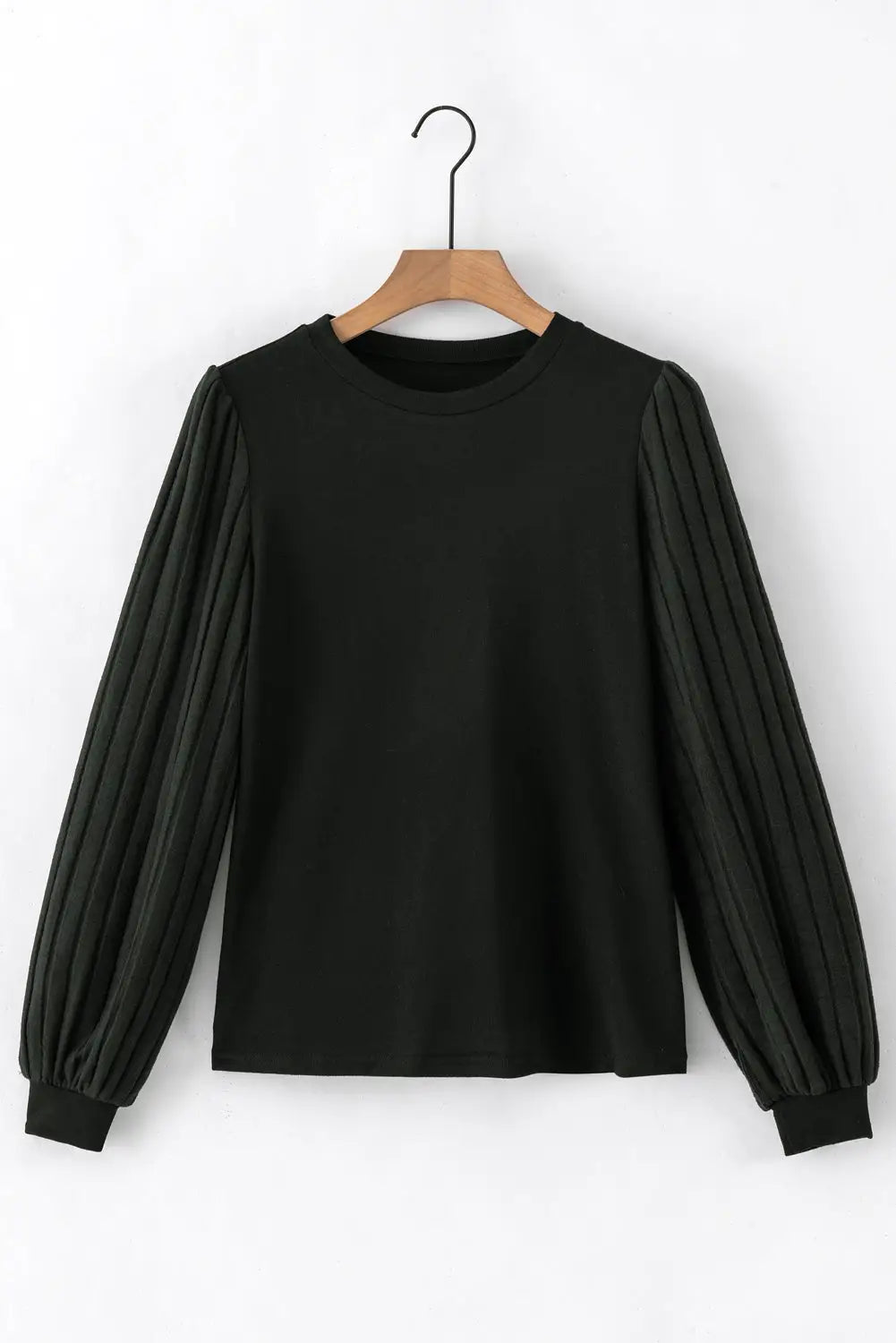 Black Buttoned V Neck Ribbed Puff Sleeve Top-24