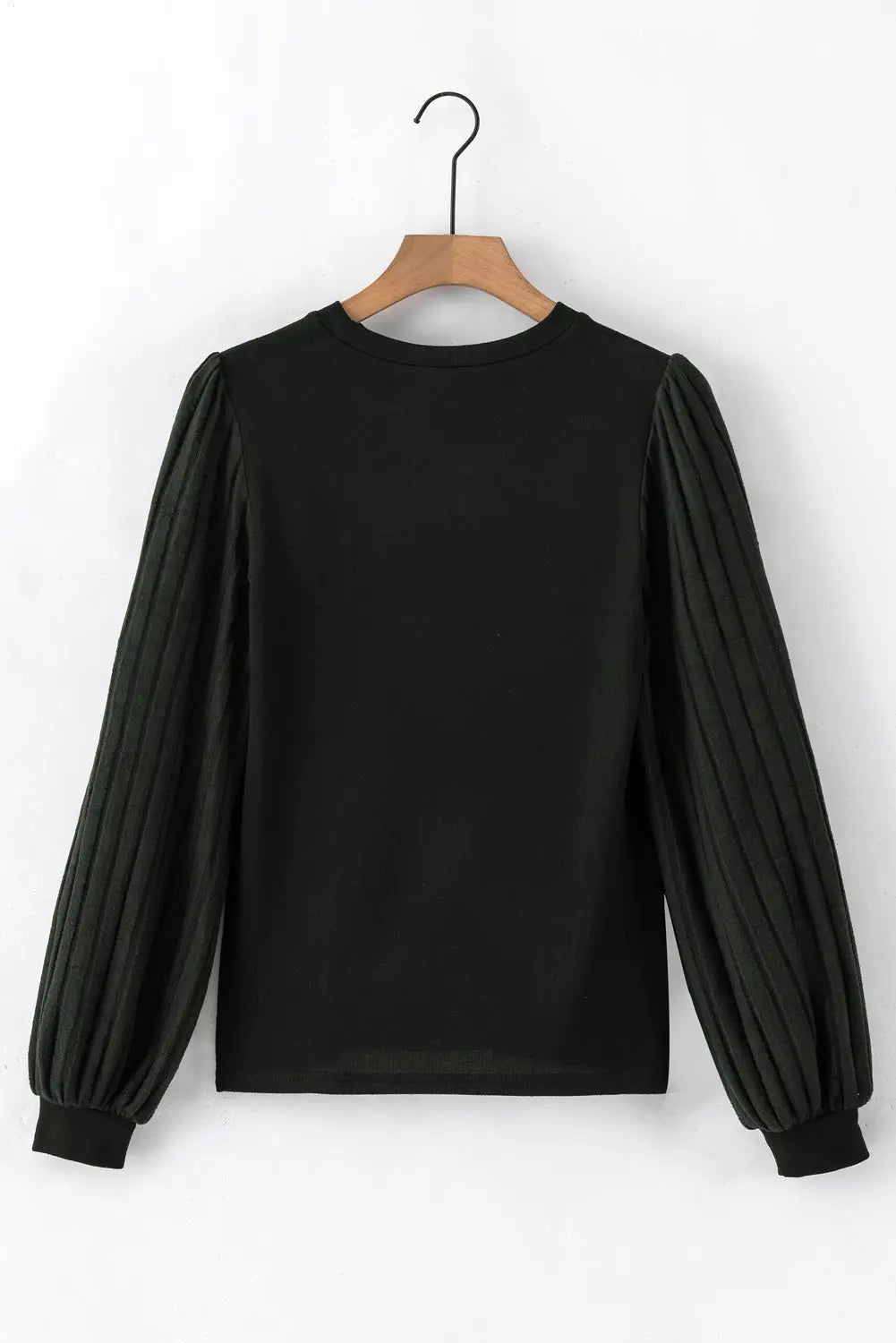 Black Buttoned V Neck Ribbed Puff Sleeve Top-23