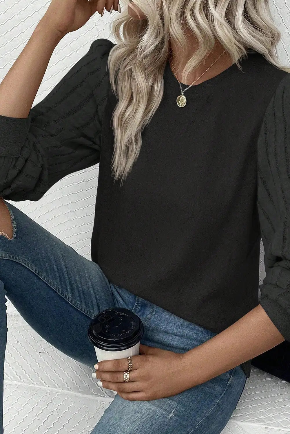 Black Buttoned V Neck Ribbed Puff Sleeve Top-22