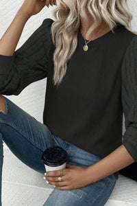 Thumbnail for Black Buttoned V Neck Ribbed Puff Sleeve Top-22