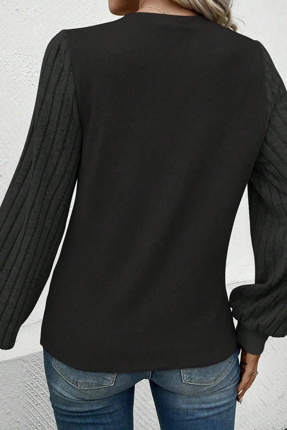 Black Buttoned V Neck Ribbed Puff Sleeve Top-20